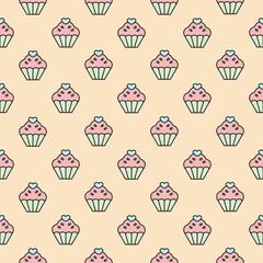 Cute cupcake and heart seamless vector pattern. Doodle dessert vector for wallpaper, textile, fashion, background, stationery, wrapping, card, and phone cases.