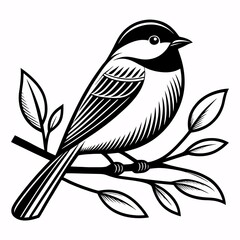 Black and white illustration of a chickadee perched on a branch with leaves bird