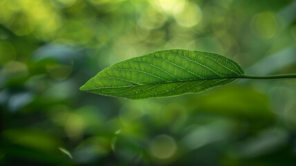A single vibrant green leaf with a unique elongated shape and visible veins, set against a soft, blurred natural background.