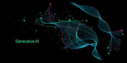 Illustration of abstract stream, AI brain concept. Artificial intelligence. Big data, technology, AI, data transfer, data flow, large language model, generative AI, LLM, NLP. NLG