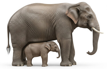 Fototapeta premium Elephant mother and calf on white background. Side view of Asian Elephant with small child elephant.