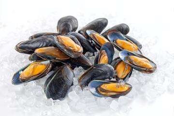 Fresh mussels with orange flesh arranged on crushed ice for seafood presentation and freshness.