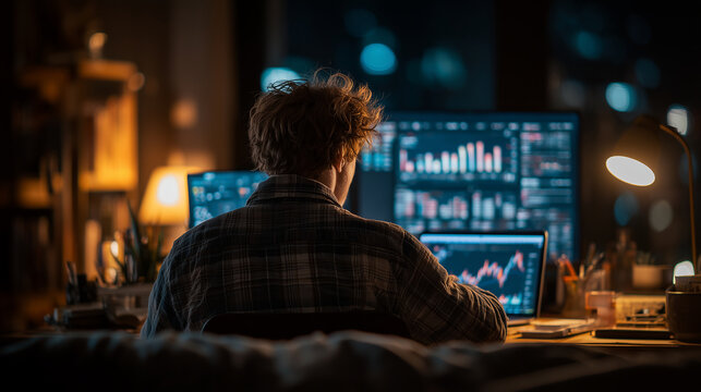 man working with computer screens displaying charts and data in dark office at night