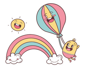 Cheerful characters flying with rainbow and sun perfect for children designs