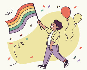Cheerful person walking with a pride rainbow flag and balloons illustration
