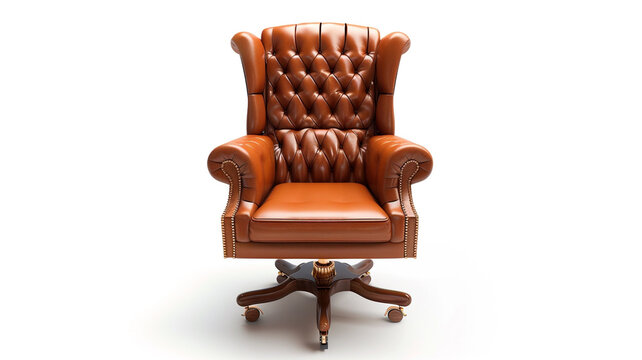 A luxurious leather executive chair with a high back and classic tufting, isolated on white. Perfect for a sophisticated office.