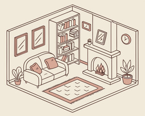 Cozy isometric living room illustration featuring bookshelf sofa fireplace and plants