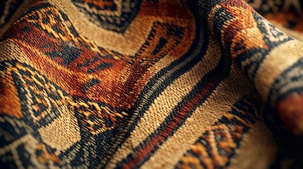 Brown, tan and black patterned carpet rug texture displays intricate details, creating a warm ambiance