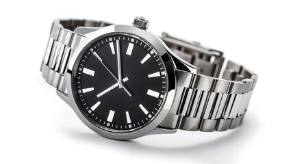 A sleek stainless steel wristwatch with a black dial and clean hour markers. A sophisticated and timeless accessory.