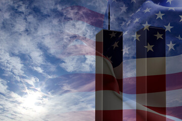 Silhouette of Towers on background of sunny sky. 09.11.2001 American Patriot Day banner. We will...