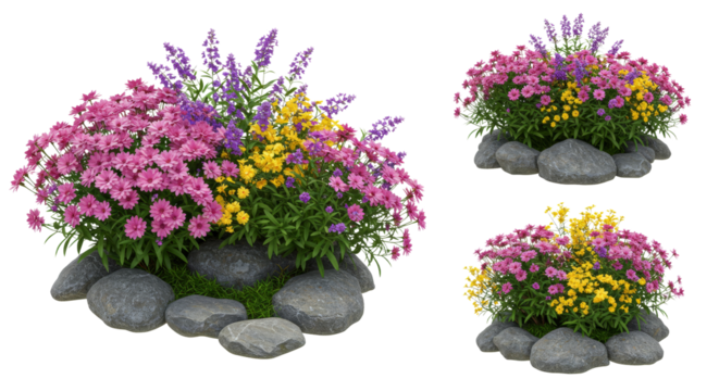 Arrangement of Colorful Flowers with Rocks on White Background