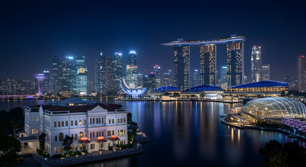 Naklejka premium Illuminated Cityscape at Night Featuring Modern Skyscrapers and Reflective Waters near Historical Architecture in Singapore