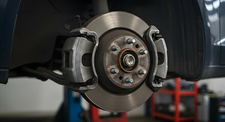 Fototapeta premium Close Up of a Car Brake System with Disc and Caliper in an Automotive Workshop Setting