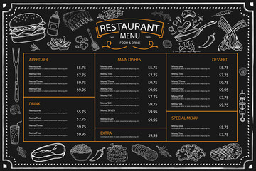 A menu template with sections and illustrations, suitable for traditional restaurants. A hand-crafted menu poster adorned with rustic illustrations. © Hakan Kaçar