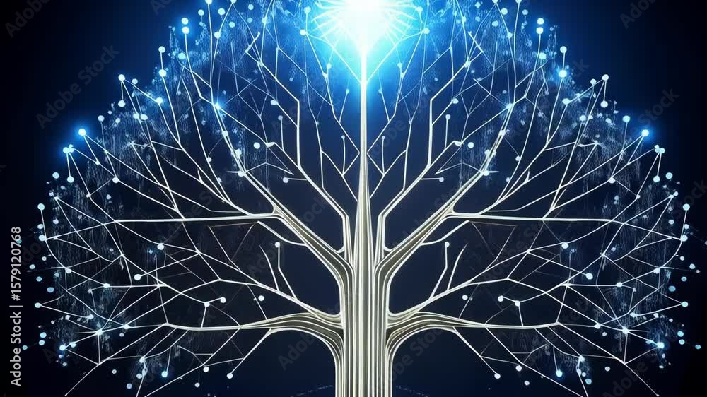 Wall mural abstract digital tree with interconnected nodes and glowing crown on dark blue background representi
