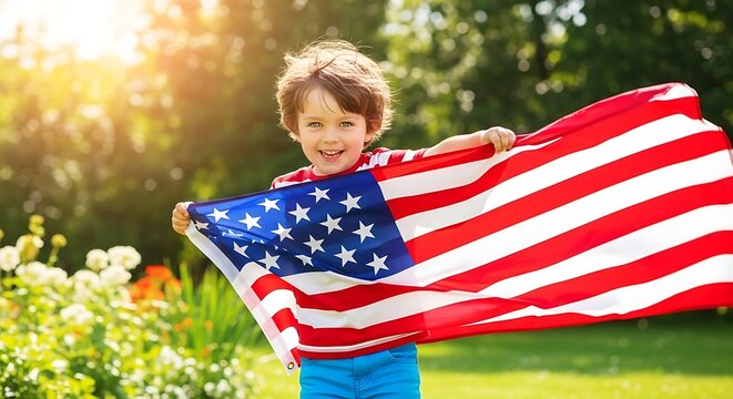 Close up american children with USA flag. Greeting card for 4th of july Independence Day - Powered by Adobe