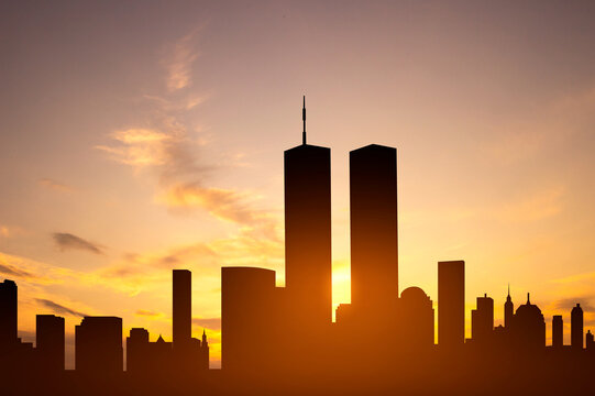 New York skyline silhouette with Towers against the sunset. Patriot Day banner. 9.11.2001