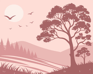 Serene landscape illustration featuring birds trees and mountains in earthy tones