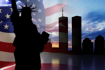 09.11.2001 American Patriot Day banner. Silhouette of Statue of Liberty with New York skyline