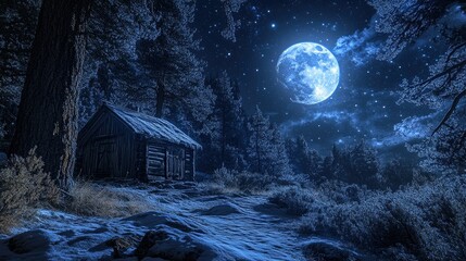 Rustic cabin nestled in snowy forest at night under a full moon