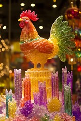 A giant glass and crystal chicken atop many smaller, colorful jelly-like structures made of various materials