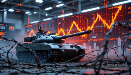 Futuristic military tank positioned behind barbed wire with glowing orange financial graph in background, symbolizing conflict and economy