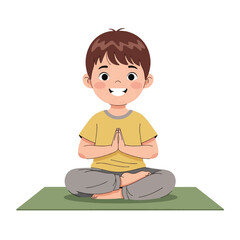 Smiling boy in yoga pose on a mat, cartoon illustration.