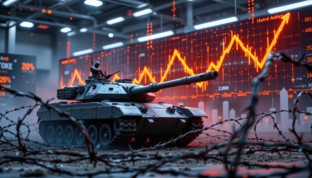 Futuristic military tank positioned behind barbed wire with glowing orange financial graph in background, symbolizing conflict and economy - Powered by Adobe
