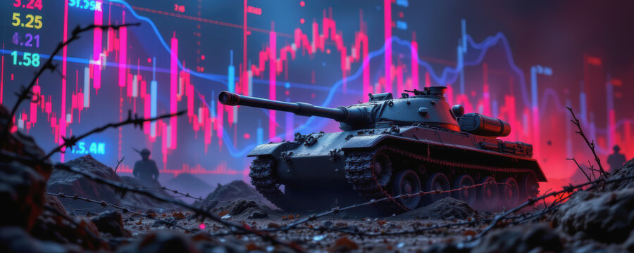 Dark military tank positioned on rough terrain with barbed wire and silhouettes of soldiers, set against vibrant financial chart background
