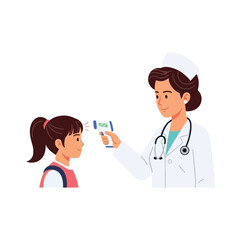 A nurse wearing a uniform is checking a young girl's temperature with a non-contact thermometer.