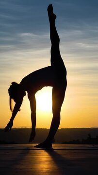 Silhouette of woman practicing yoga at sunset, demonstrating flexibility and balance, yoga routine