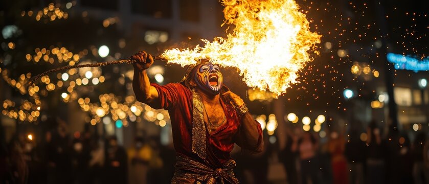 Fire Performer with Flame Breathing in Nighttime Outdoor Festival
