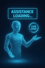 A futuristic digital humanoid stands ready to assist, a visual metaphor for the evolving nature of technological assistance, promising instant support through live chat.