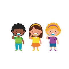 Three diverse children happily brushing their teeth together.