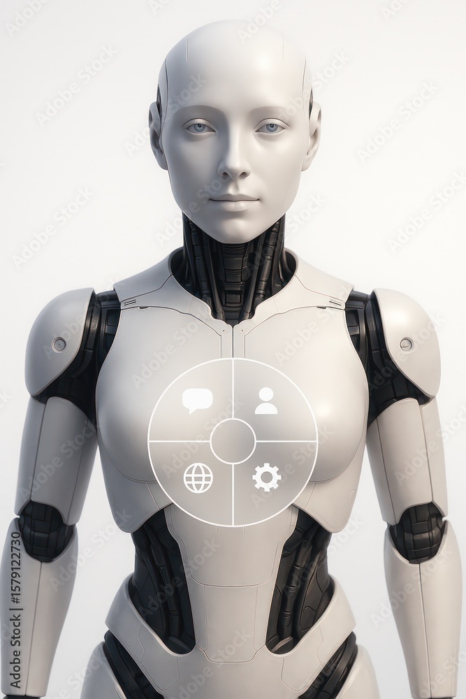 Poster a sleek android stands with digital interface displays, embodying the cutting edge of artificial int