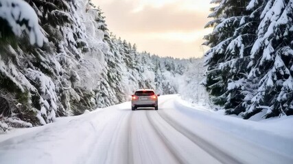 Silver car driving on a snow-covered road lined with snow covered trees in winter season on sunny day.