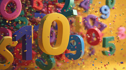 Festive Numbers Splash with Confetti on a Sunny Background. It's a versatile visual that can be used for presentations, promotional content, academic resources,financial graphics, counting activities