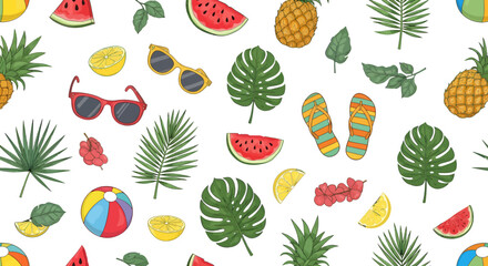 Summer themed pattern with fruits leaves sunglasses beach ball and flip flops.