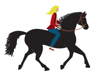 Woman riding on black horse. Isolated. Vector illustration.