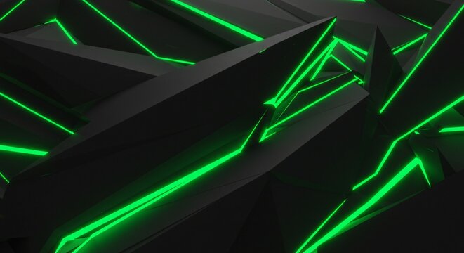 Abstract dark background with green neon lines forming geometric shapes and sharp edges design art