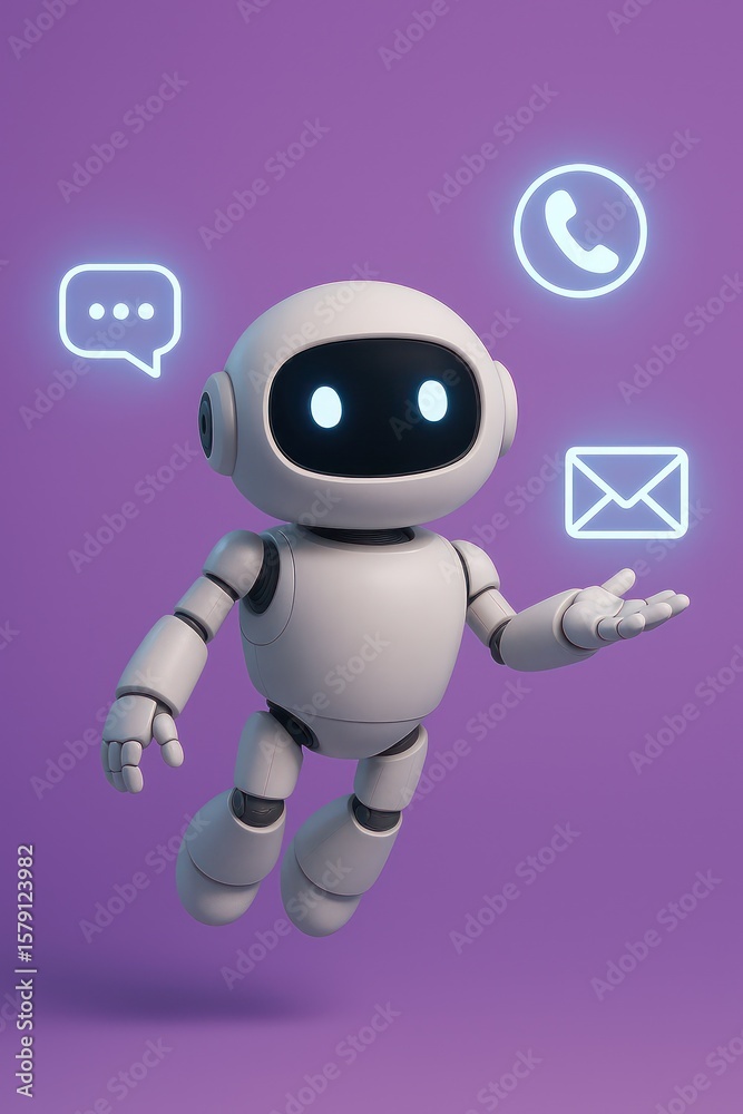 Poster a friendly robotic character floats with an open hand offering assistance. illustrated icons represe
