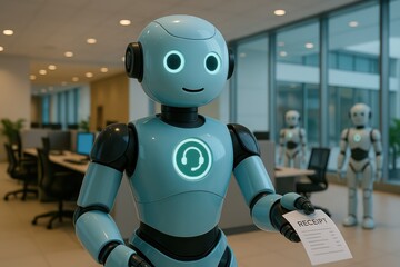 A sophisticated service robot offers a receipt, symbolizing innovation and the integration of technology. Capturing a moment of automated interaction within a modern office setting, with other robots.
