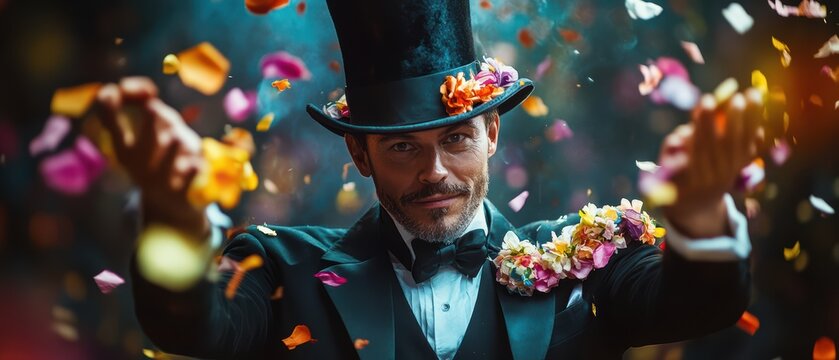 Elegant Man in Top Hat Surrounded by Colorful Flower Petals