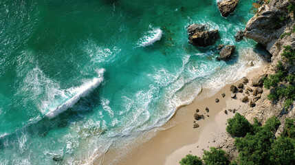 Aerial view of tropical beach paradise with turquoise water and white sand for summer travel