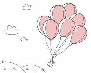 Pastel colored balloons with outline clouds and ground elements in illustration