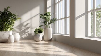 Fototapeta premium Minimalist interior light wooden floor potted plants large windows sunlight