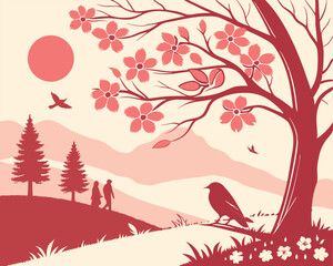 Serene two tone landscape of cherry blossoms with birds and silhouetted figures