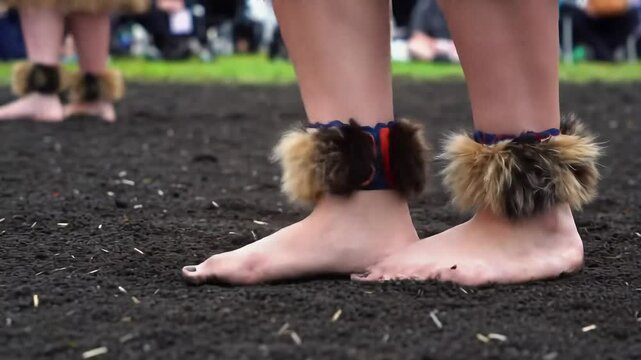 Dynamic Maori performance showcasing traditional footwork and cultural dance in a captivating