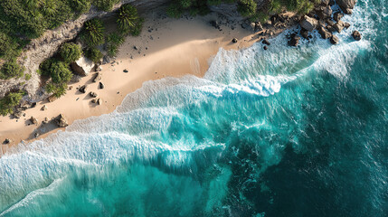 Aerial view of tropical beach with turquoise water waves and white sand travel destination paradise