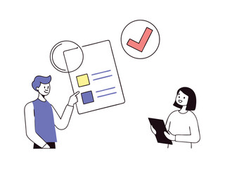 Team reviewing checklist items with approval concept on white background
